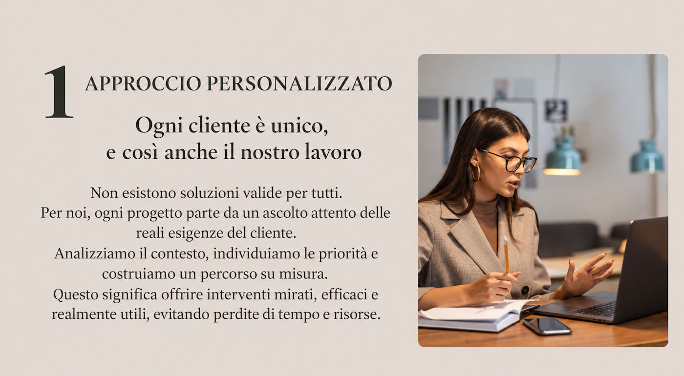 Approccio personalizzato: ascoltiamo le esigenze del cliente, analizziamo il contesto e costruiamo un percorso su misura.