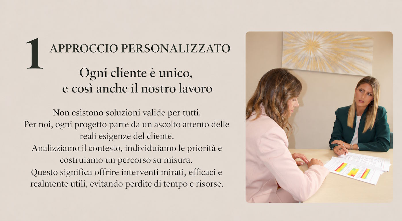 Approccio personalizzato: ascoltiamo le esigenze del cliente, analizziamo il contesto e costruiamo un percorso su misura.